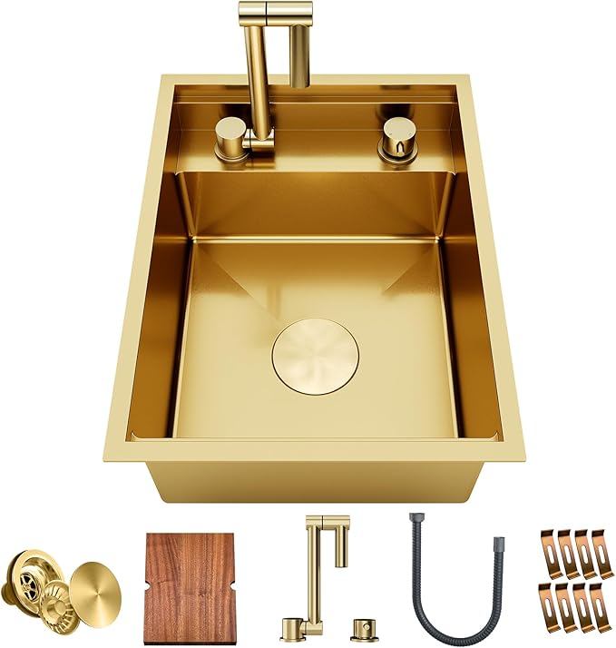 TORVA Gold RV Sink, 16x21x9 Inch Undermount Stainless Steel Single Bowl Bar Sink, Nano Coated 16 Gauge T304 Steel RV Kitchen Sink, Scratch-Resistant & Easy Clean for Camper, Trailer, and Tiny Home