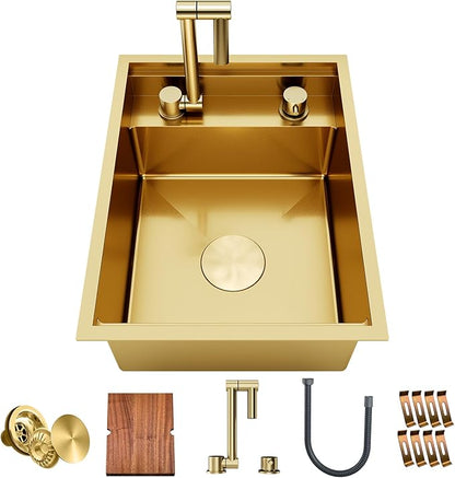 TORVA Gold RV Sink, 16x21x9 Inch Undermount Stainless Steel Single Bowl Bar Sink, Nano Coated 16 Gauge T304 Steel RV Kitchen Sink, Scratch-Resistant & Easy Clean for Camper, Trailer, and Tiny Home