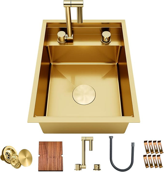 TORVA Gold RV Sink, 16x21x9 Inch Undermount Stainless Steel Single Bowl Bar Sink, Nano Coated 16 Gauge T304 Steel RV Kitchen Sink, Scratch-Resistant & Easy Clean for Camper, Trailer, and Tiny Home