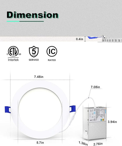 VOLISUN 12 Pack 7 inch Recessed Lighting, 5CCT LED Recessed Light with Junction Box, 2700K-5000K Selectable, Dimmable Canless Wafer Downlight, LED Ceiling Light ETL Certificated