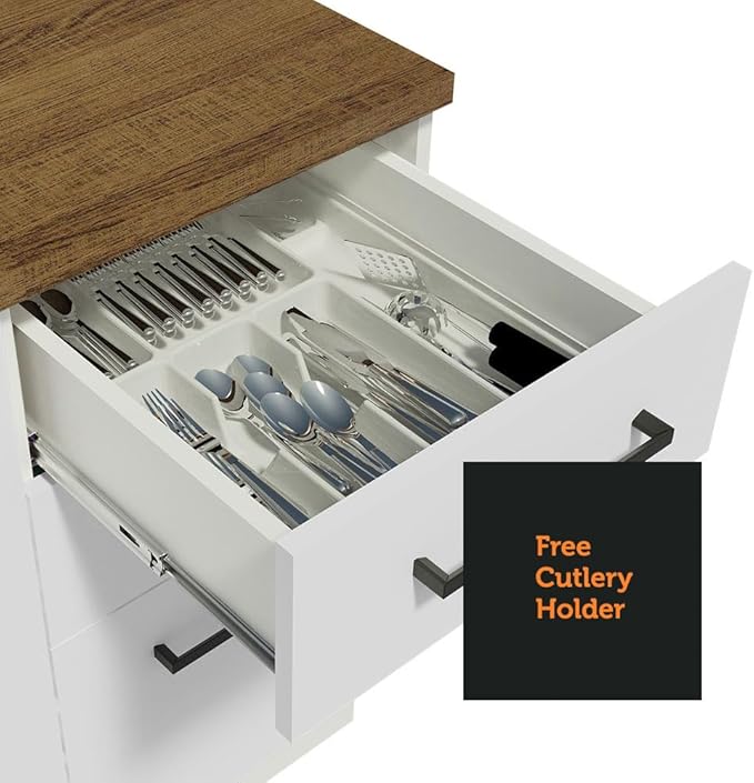 Madesa Hazel Kitchen Storage Buffet Base Cabinet with Adjustable Feet 47 Inch Engineered Wood Slab Doors Painted Finish Floor Mount Removable Plinth - White