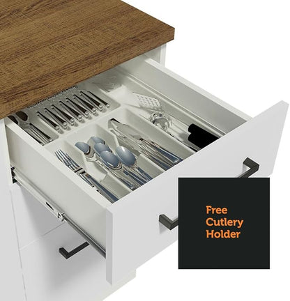 Madesa Hazel Kitchen Storage Buffet Base Cabinet with Adjustable Feet 47 Inch Engineered Wood Slab Doors Painted Finish Floor Mount Removable Plinth - White