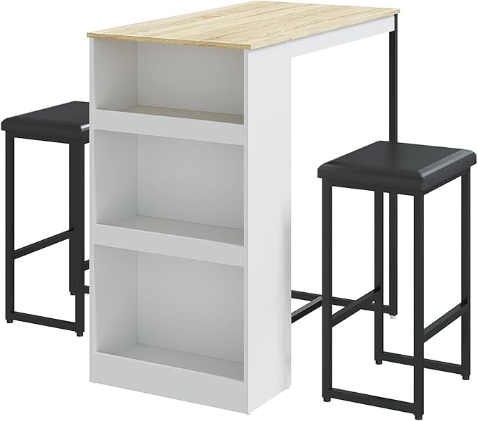 Gyger 3 Piece Dining Table Set with 3 Storage Shelves, Bar Table and Small Kitchen Table for 2, Wooden Counter Height Table Set for Kitchen, Dining Room Island Table,Oak