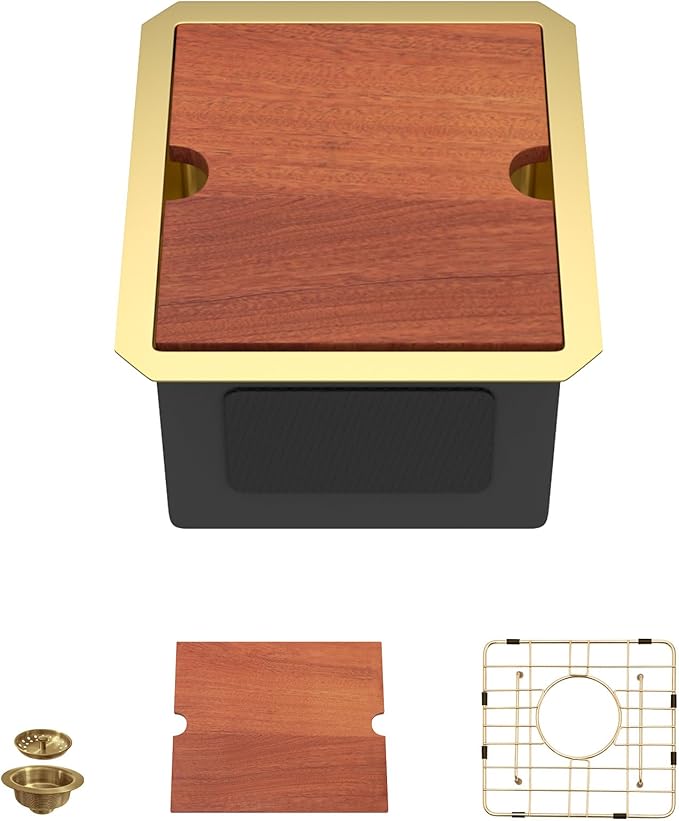 Dcolora 13"x15 Gold Small Bar Sink, Heavy Duty 16 Gauge 304 Stainless Steel, Cover Board for Saving Space, Udnermount Installation Fit for Small Kitchen,Bar, RV, #DC-U2533005GW