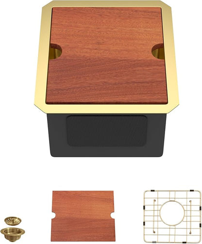 Dcolora 13"x15 Gold Small Bar Sink, Heavy Duty 16 Gauge 304 Stainless Steel, Cover Board for Saving Space, Udnermount Installation Fit for Small Kitchen,Bar, RV, #DC-U2533005GW