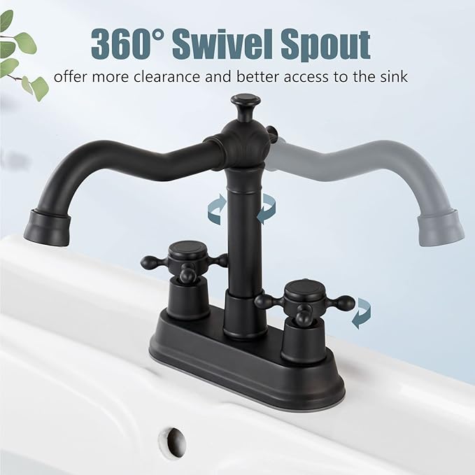 Aolemi 4 Inch Centerset Bathroom Sink Faucet Vintage 2 Cross Handle RV Mixer Tap Basin Vanity Lavatory Utility for Sink 3 Hole Include Hoses Pop Up Drain Faucet Handle Without Label Matte Black