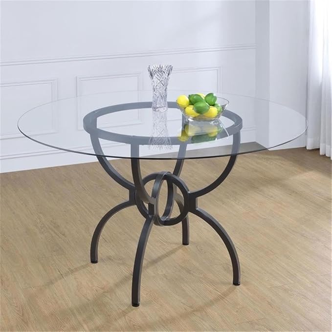Pemberly Row 48" Round Contemporary Metal Dining Table, Clear Tempered Glass Top, Gunmetal Finish, Stylish Interlocking Ring Base, Chic Transitional Design for Breakfast Nook or Eat-in Kitchen