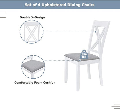 VilroCaz Minimalist Solid Wood 5-Piece Dining Table Set, Kitchen Dining Table Set for 4, Rectangular Table with 4 X-Back Upholstered Chairs for Dining Room Small Places (White-Min)