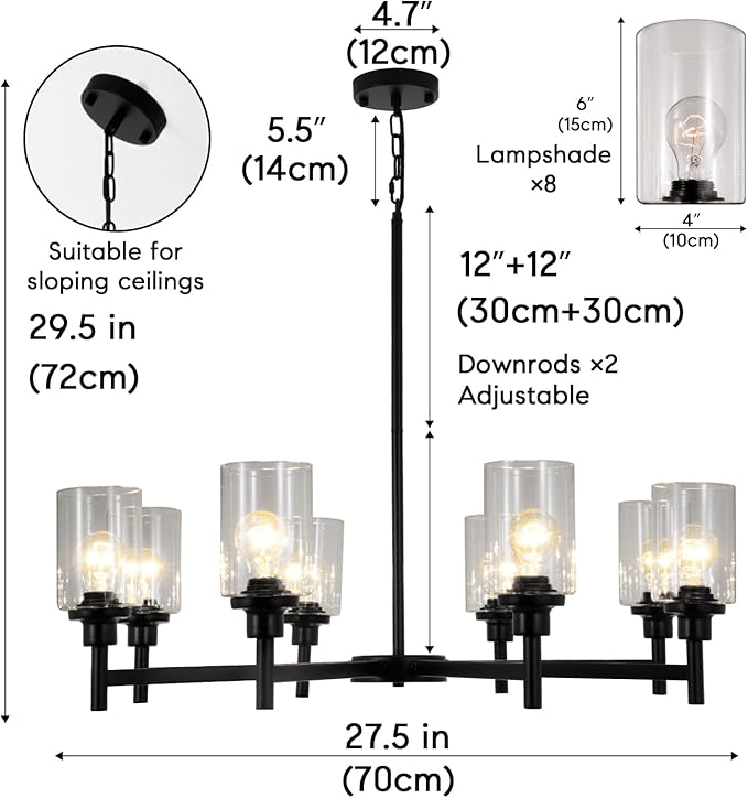 A Million 27.5" Black Chandelier 5 Lights, Kitchen Island Lighting Industrial Chandelier with Clear Glass Shade, Ceiling Pendant Light for Farmhouse Dining Room Living Room Bedroom