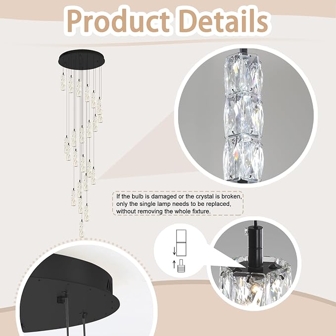 ykolupty Modern Crystal Chandelier 24-Lights Black Chandelier Lighting Fixture High Ceiling Chandelier Suitable for Living Room Staircase Villa
