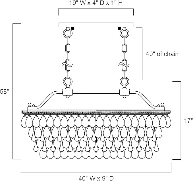 Edvivi Rectangular Linear Crystal Chandelier 40 in. W, 6 Lights Luxury Glam Adjustable Ceiling Lighting Fixture with 4 Rows of Teardrop Crystals for Living Dining Room Kitchen Island, Antique Black