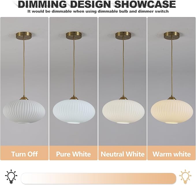KCO Lighting White Ribbed Glass Ceiling Light Modern Antique Brass Pendant Light Gold Globe Pendant Light Fixture Mid Century Kitchen Island Pendant Lighting (2 Pack)