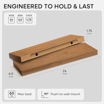 Homeforia 24 inch Golden Oak Floating Shelf, High End Solid Real Wood 24inch Small Floating Shelves for Wall Mounted, Oak Wooden 24in Floating Shelves, Heavy Duty Bracket, 24 X 6.5 X 1.75 in, Set of 4