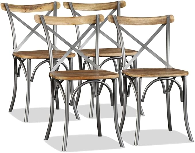 Set of 4 Modern Farmhouse Dining Chairs in Brown Mango Wood & Silver Steel 20.5 x 20.1 x 33.1 in Cross Back Comfortable Kitchen Restaurant Accent Seating for Dining Room Living Room