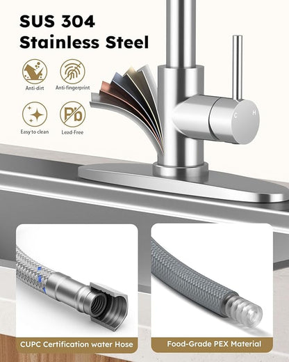 Arofa Kitchen Faucet with Pull Down Sprayer, Chrome Polished Kitchen Sink Faucet 1-3 Hole Single Handle High Arc Stainless Steel Commercial Modern Kitchen Faucets for RV/Laundry/Outdoor/Bathroom Sink