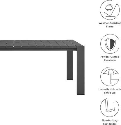 Modway Tahoe Outdoor Patio Powder-Coated Aluminum 9-Piece Dining Set in Gray Charcoal - Rectangular Patio Furniture Set for 8 - Outside Table with Umbrella Hole and Cushioned Chairs - Modern Patio Set