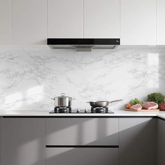 practicalWs Marble Wallpaper Granite White and Gray Wall Paper Roll 47.2" x 197" Kitchen Countertops Cabinet Furniture is Renovated Thick Vinyl Easy to Remove Without Leaving Glue