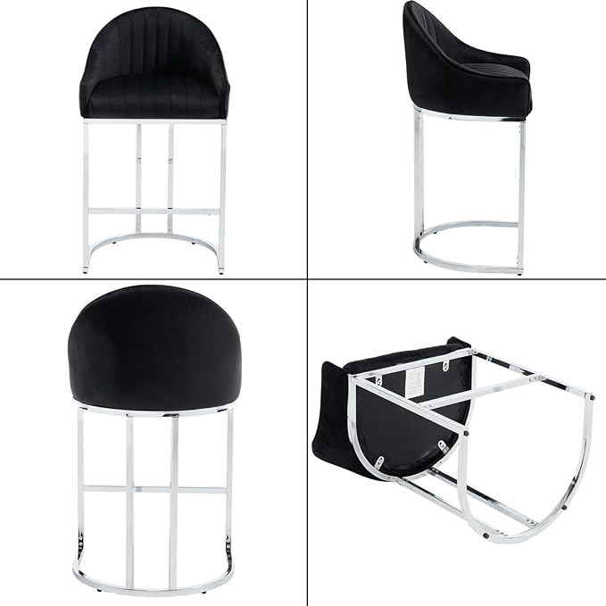 Bar Stools Set of 2, Simple Modern Style, with Velvet upholstered Back Sliver Metal Legs Footrest for Bar, Living Room, Side Chair of Kitchen Island (Black)