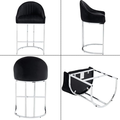 Bar Stools Set of 2, Simple Modern Style, with Velvet upholstered Back Sliver Metal Legs Footrest for Bar, Living Room, Side Chair of Kitchen Island (Black)