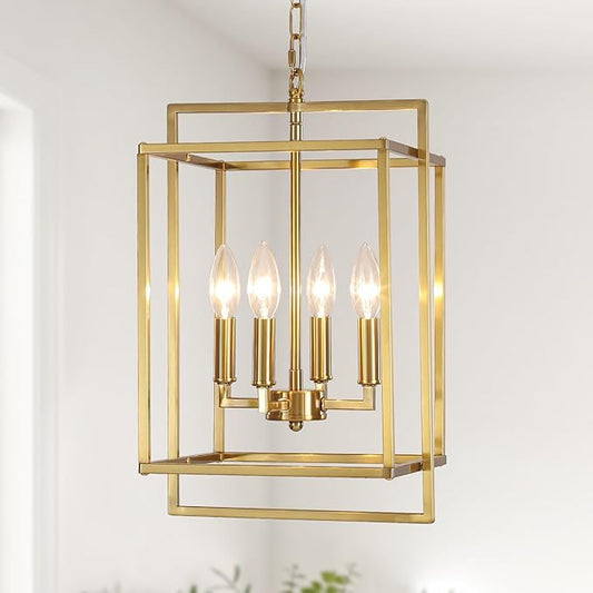 4-Light Gold Lantern Chandelier, Rustic Farmhouse Rectangle Pendant Light, Adjustable Height Modern Dining Room Light Fixture for Kitchen Island Living Room Entryway Foyer 10.8Inch