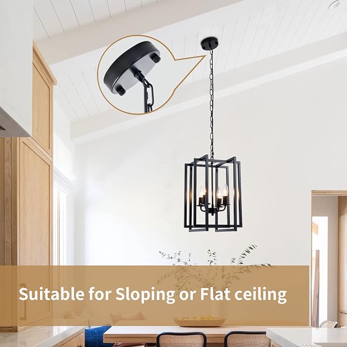 Farmhouse Lantern Chandelier Light Fixture Black, 4-Light Rustic Industrial Pendant Lighting, Adjustable Height Modern Square Cage Hanging Lights for Hallway Kitchen Island Living Room Bedroom