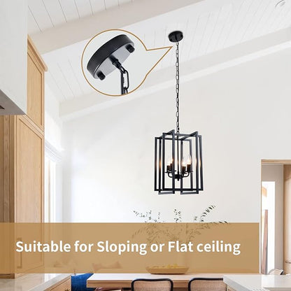 Farmhouse Lantern Chandelier Light Fixture Black, 4-Light Rustic Industrial Pendant Lighting, Adjustable Height Modern Square Cage Hanging Lights for Hallway Kitchen Island Living Room Bedroom