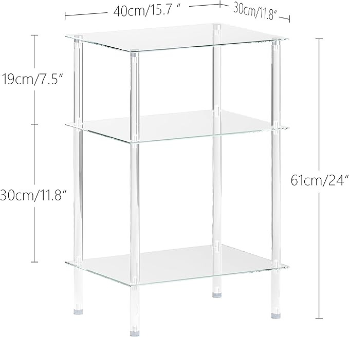 Tempered Glass Side Table, Acrylic End Table, 3-Tier Transparent Nightstand, Clear Coffee Table, for Small Spaces Living Room Bedroom Balcony Transparent LET519TR