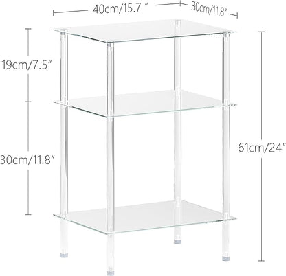 Tempered Glass Side Table, Acrylic End Table, 3-Tier Transparent Nightstand, Clear Coffee Table, for Small Spaces Living Room Bedroom Balcony Transparent LET519TR