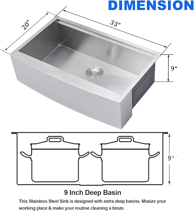 33 Inch Farmhouse Sink, 33x20 Stainless Steel Undermount Single Bowl Apron Front Handmade 16 Gauge 9" Deep Farm Kitchen Sink Workstation with Accessories