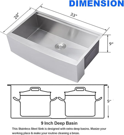33 Inch Farmhouse Sink, 33x20 Stainless Steel Undermount Single Bowl Apron Front Handmade 16 Gauge 9" Deep Farm Kitchen Sink Workstation with Accessories