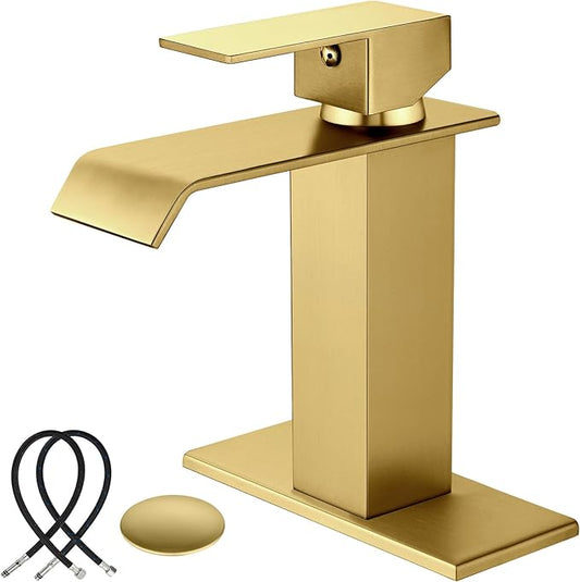 Midanya Waterfall Bathroom Faucets, Single Handle 1 Hole Bathroom Sink Faucet Modern RV Vanity Restroom Lavatory Basin Faucet with Pop Up Drain and Water Supply Lines,Brushed Gold