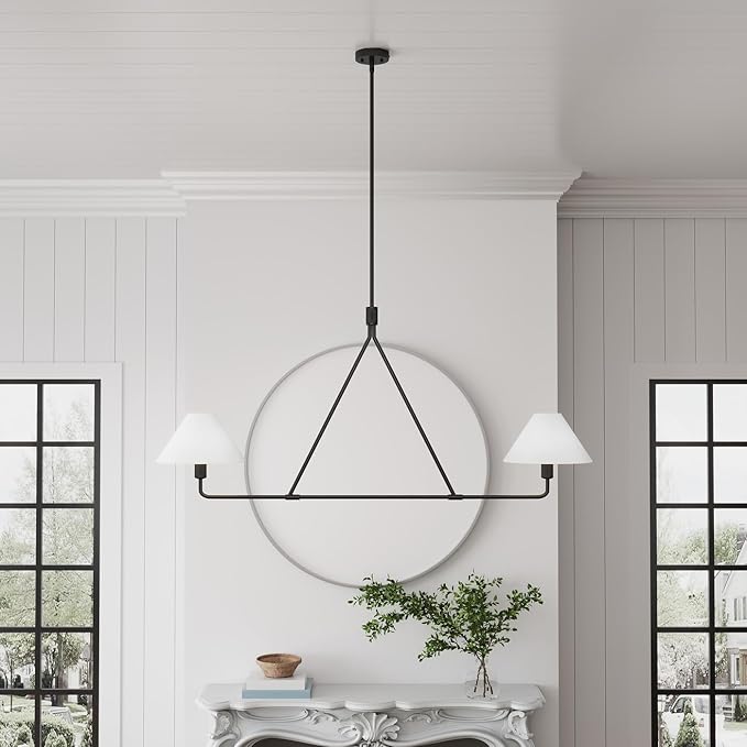 Modern 2-Light Kitchen Island Lighting 46.45 inch Matte Black Linear Chandelier with Fabric Shade Classic Farmhouse Pendant Lights Over Table for Dining Room Bar E12