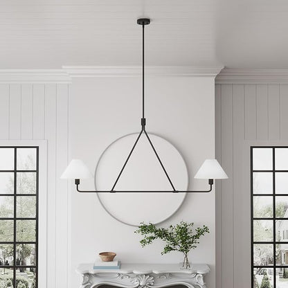 Modern 2-Light Kitchen Island Lighting 46.45 inch Matte Black Linear Chandelier with Fabric Shade Classic Farmhouse Pendant Lights Over Table for Dining Room Bar E12