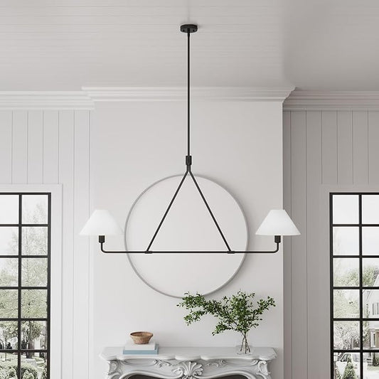 Modern 2-Light Kitchen Island Lighting 46.45 inch Matte Black Linear Chandelier with Fabric Shade Classic Farmhouse Pendant Lights Over Table for Dining Room Bar E12