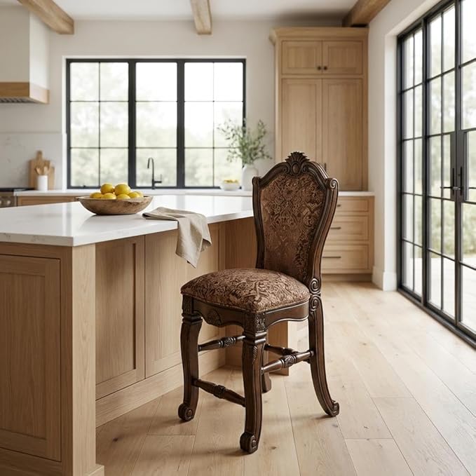 Michael Amini Windsor Court Brown Counter Height Chair Solid Wood Frame Bronze Jacquard Upholstery Set of 2 Comfortable Rubberwood Seating for Kitchen Island