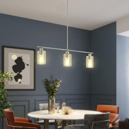 3-Light Modern Chandeliers, Brushed Nickel Kitchen Island Lighting Clear Glass Pendant Lighting Adjustable Height Linear Ceiling Hanging Light Fixture Pendant Light Dining Room Farmhouse
