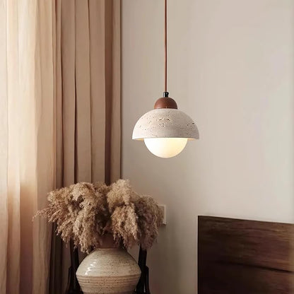 Japanese Wabi sabi Pendant Light with Natural Stone Shade, Dimmable Modern Wood Hanging Lamp Fixture, Adjustable Height Pendant Lamp for Bedroom, Kitchen Island, Dining Room, Restaurant, Cafe, Bar (D)