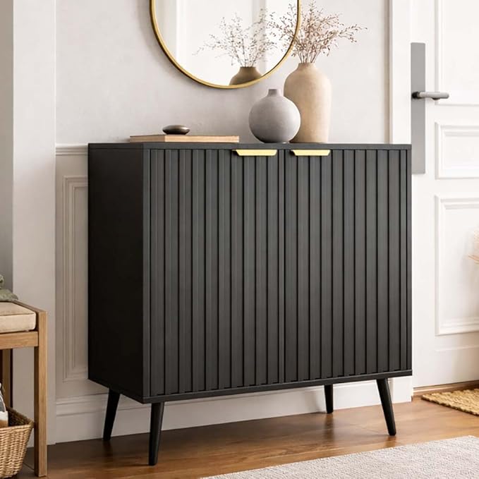 Pamapic Black Fluted Storage Cabinet, Sideboard Buffet with Doors and Shelf, Wooden Console Table & Credenza, Multifunctional Entryway Cabinet for Living Room, Dining Room (Black)