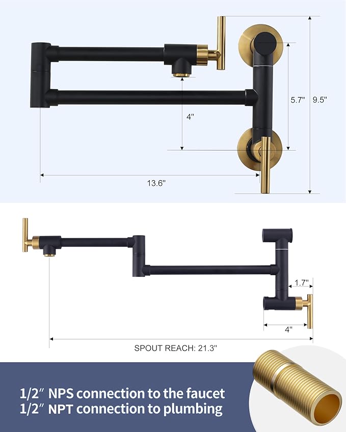 Pot Filler Faucet Black Gold: WOWOW Single Hole Wall Mount Stove Faucet, Solid Brass Pot Filler Two Attachment with Double Joint Swing Arms