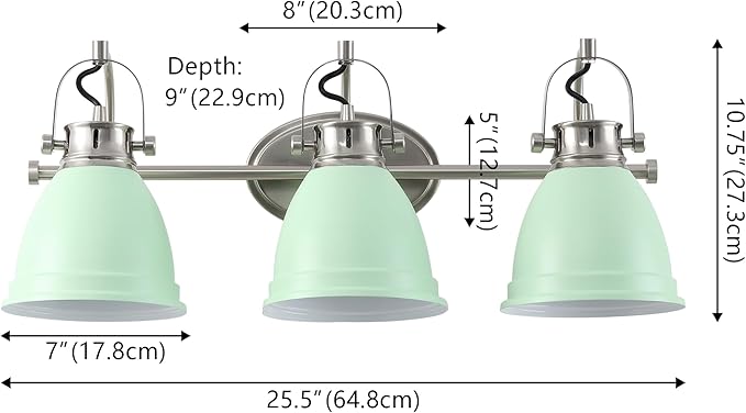 JONATHAN Y 25.5" Mint Green/Nickel 3-Light LED Vanity Light, Adjustable Wall Sconce for Bathroom Mirror, Farmhouse Bohemian Kitchen Light, Iron Black Bell Shade (JYL1116C)