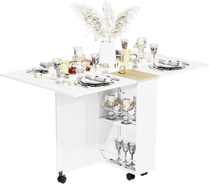 3imothrix Folding Dining Table, Small Dining Table, Space Saving Dining Table with 6 Wheels, Kitchen Table Sewing Table for Small Spaces (White)