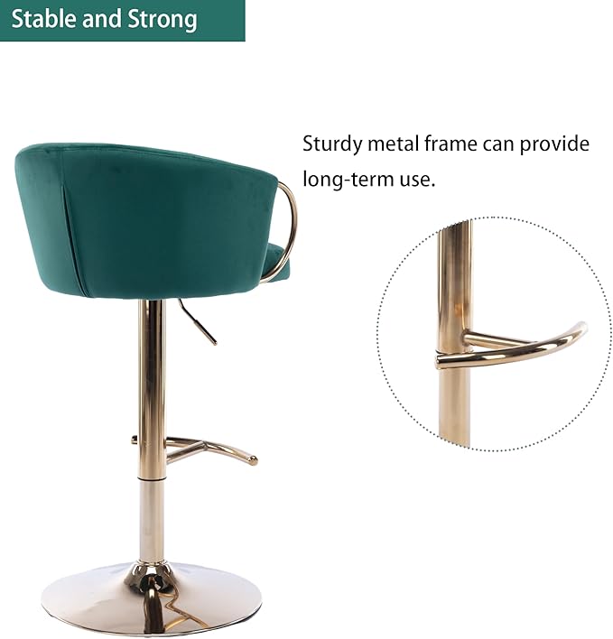 Rhomtree 24-32 Inch Swivel Bar Stools, Adjustable Counter Height Barstools with Gold Stable Metal Frame Footrest, Upholstered Bar Chairs for Home Bar Kitchen Island(Green Set of 6)