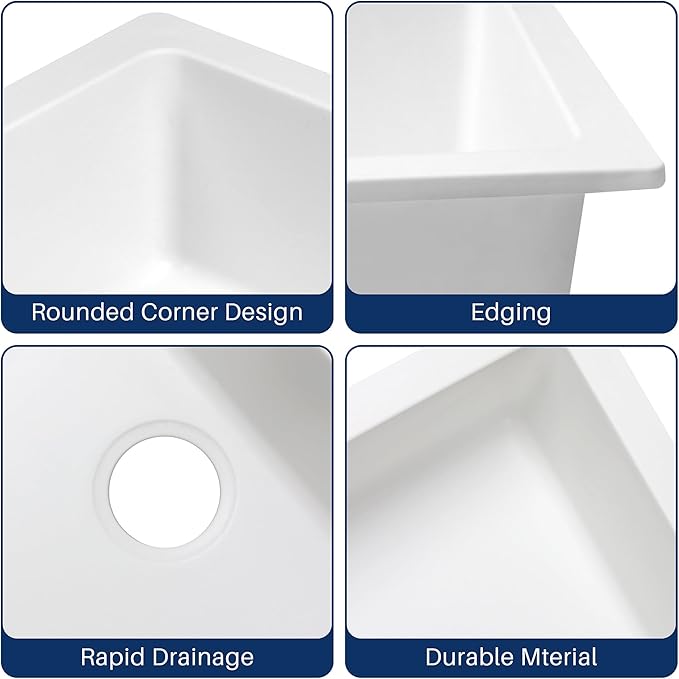 Enbol 24 Inch Undermount Kitchen Sink White Quartz Undermount Kitchen Sink Single Bowl Granite Composite Sink with Strainer 2418-W (24”X18”)