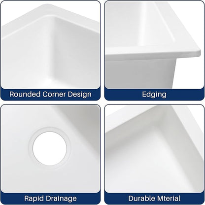 Enbol 24 Inch Undermount Kitchen Sink White Quartz Undermount Kitchen Sink Single Bowl Granite Composite Sink with Strainer 2418-W (24”X18”)