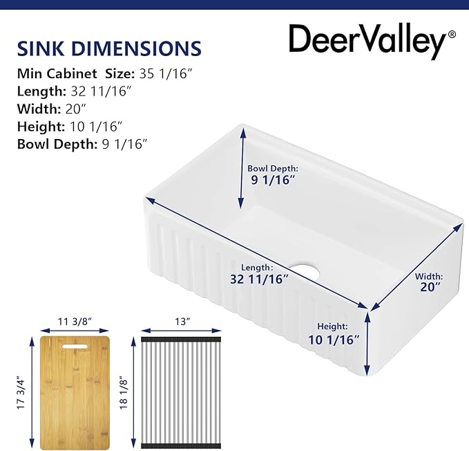 DeerValley Ceramic Farmhouse Workstation Sinks 33 inch, White Farmhouse Kitchen Sink, Reversible Apron Front Kitchen Sink Single Bowl with Grid, Sink Strainer & Workstation Accessories