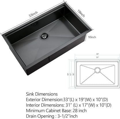 PEPO 33 Inch Black Undermount Kitchen Sink Workstation with Cutting Board & Accessories 16 Gauge Stainless Steel Hides Scratches NANO-PVD Finish 33x19x10 Deep Single Bowl