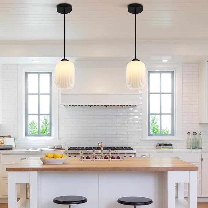 KCO Lighting Small Milk Glass Pendant Lighting Farmhouse Black Pendant Light Mini Glass Pendant Light Small Kitchen Pendant Lighting Over Island Dining Room Hanging Light Fixture (2 Pack)