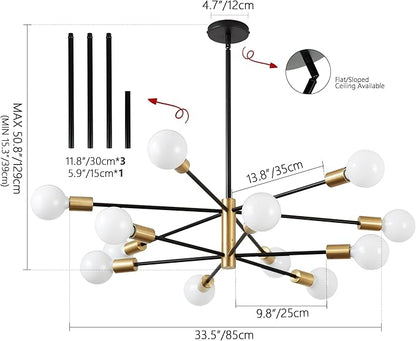 KAISITE Modern Chandelier 12-Light Sputnik Chandeliers Black and Gold Chandelier Light Fixtures for Dining Room Over Table Mid Century Height Adjustable High Ceiling Kitchen Farmhouse Chandelier