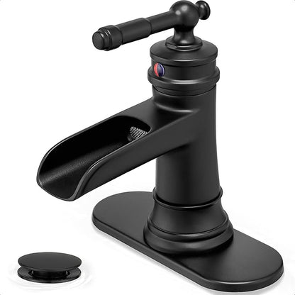 Waterfall Bathroom Faucet Black, Brass 1 Hole Bathroom Faucets Single Handle, 3 Holes 4 Inch with Pop-up Drain, Deck Plate & Supply Hoses for Vanity Lavatory RV, 5 Mins Quick Installation