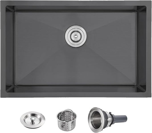 POPFLY 28×20 Inch Undermount SUS 304 Kitchen Sink, 18 Gauge Stainless Steel Handmade 9 Inch Deep Single Bowl Kitchen Sinks PVD Gunmetal Finish, Black